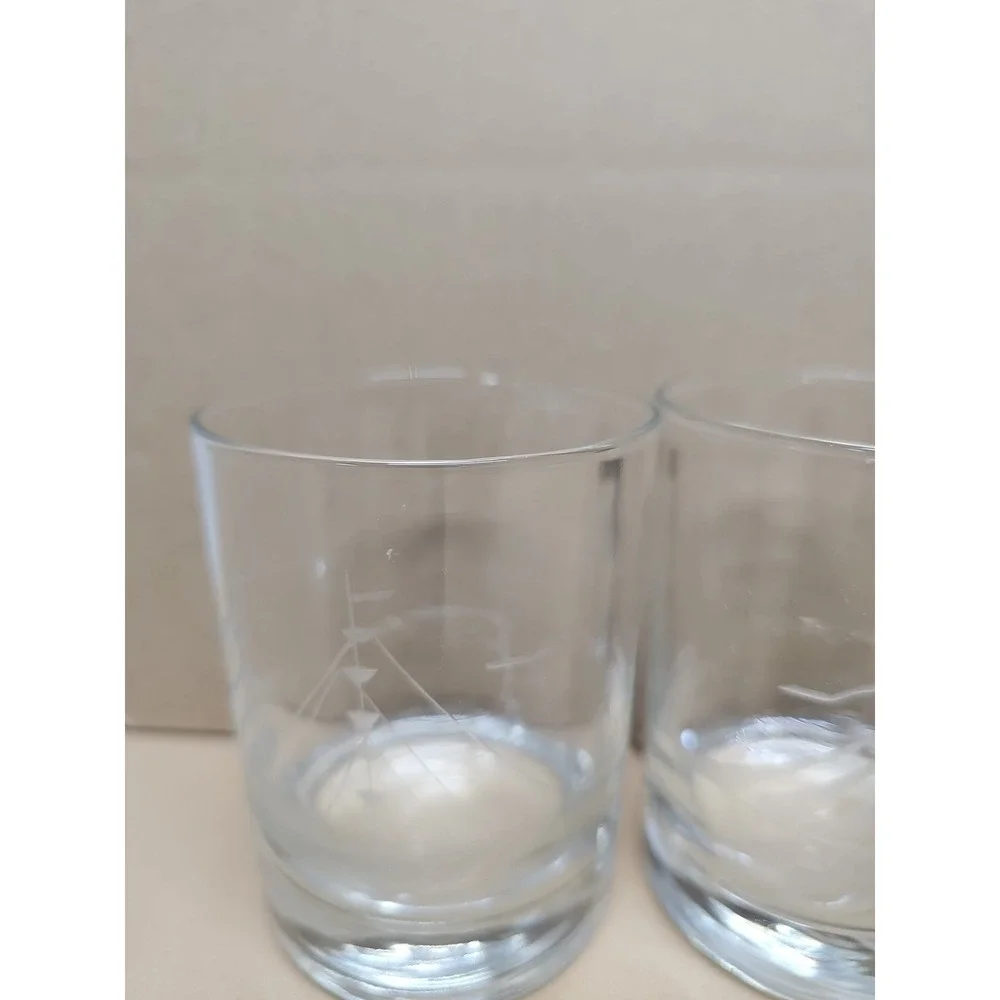 Javit Etched Crystal Clipper Ship Double Old Fashion‎ Set Sail With Set Of 4